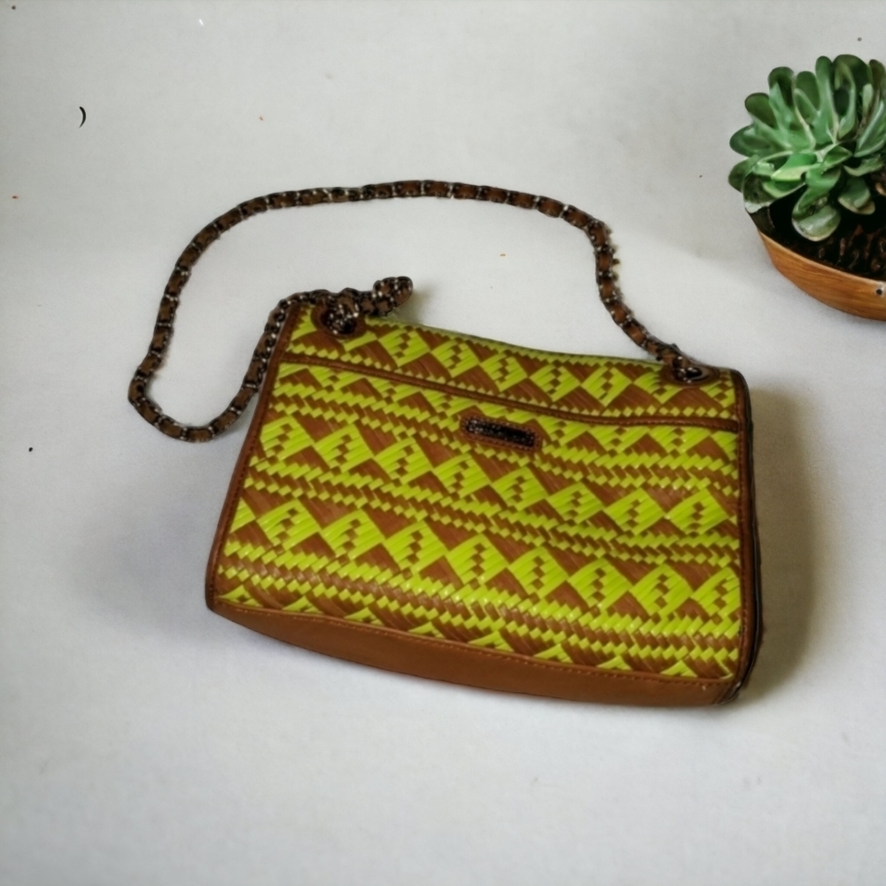 Rebecca Minkoff Woven Lime Green & Brown Leather Chain Crossbody Bag